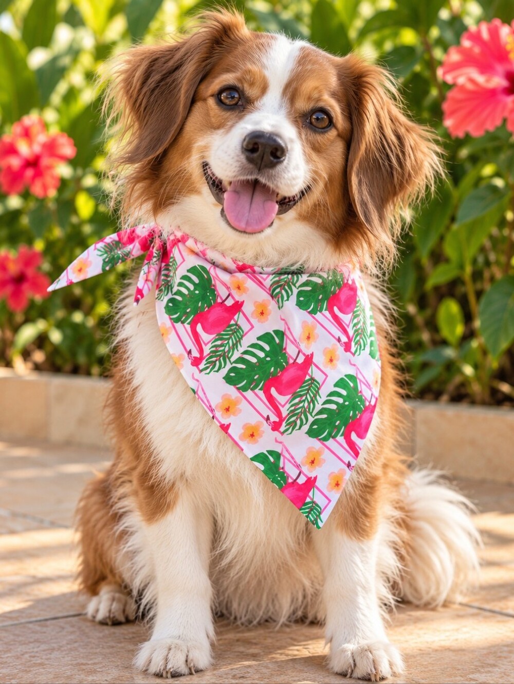 Tropical Flamingo Dog Bandana | Small–Medium | Hawaii Pet Scarf Monstera Pink